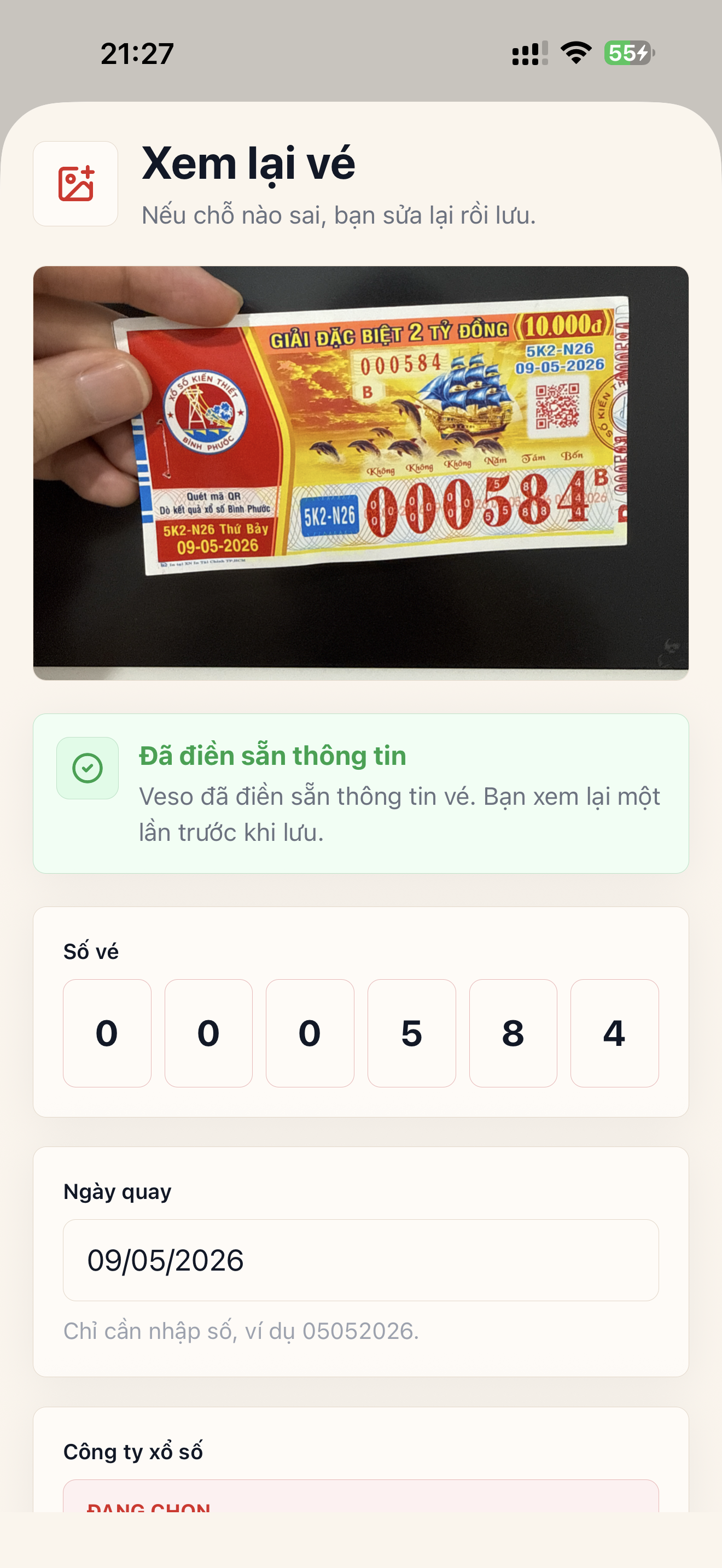 Màn hình VESO đọc thông tin vé từ ảnh chụp