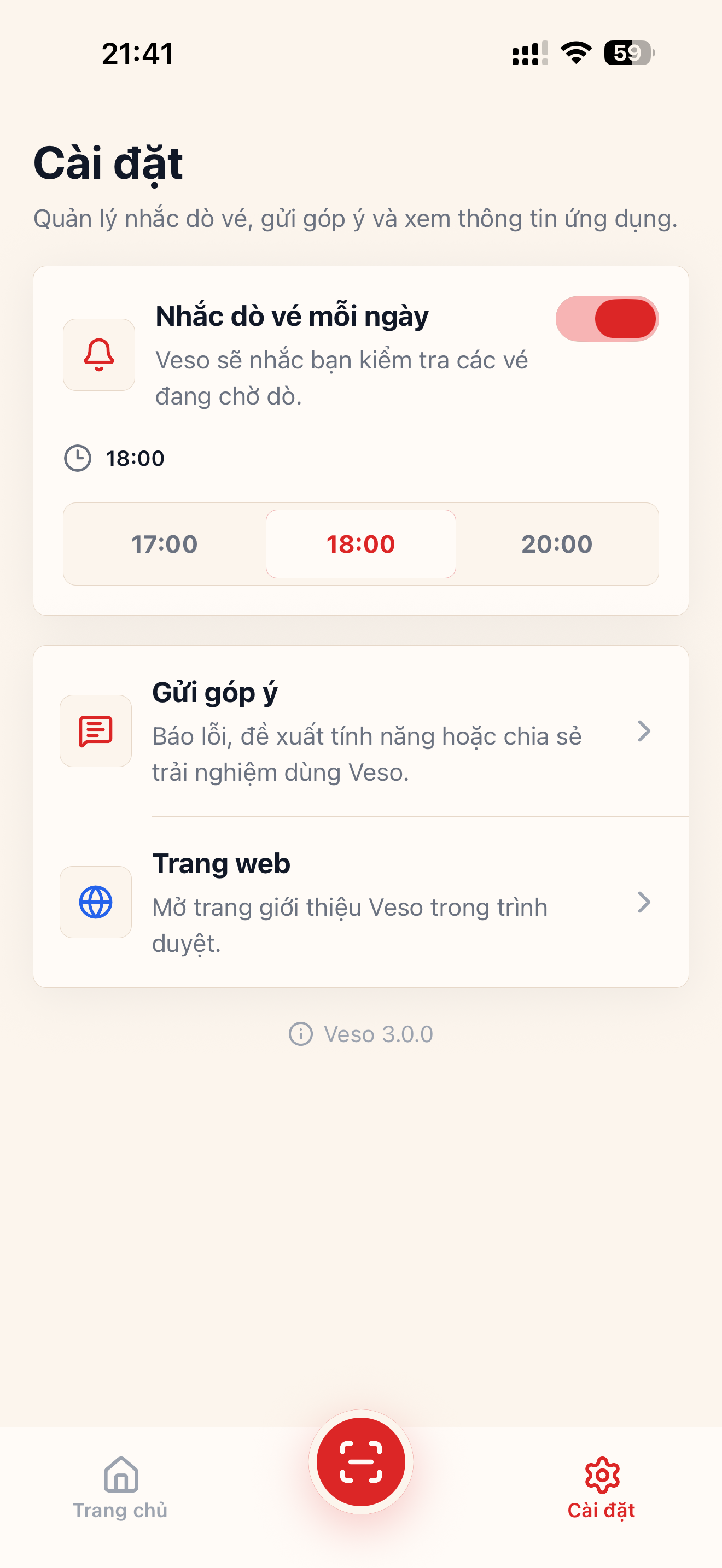 Màn hình cài đặt nhắc dò vé trong VESO