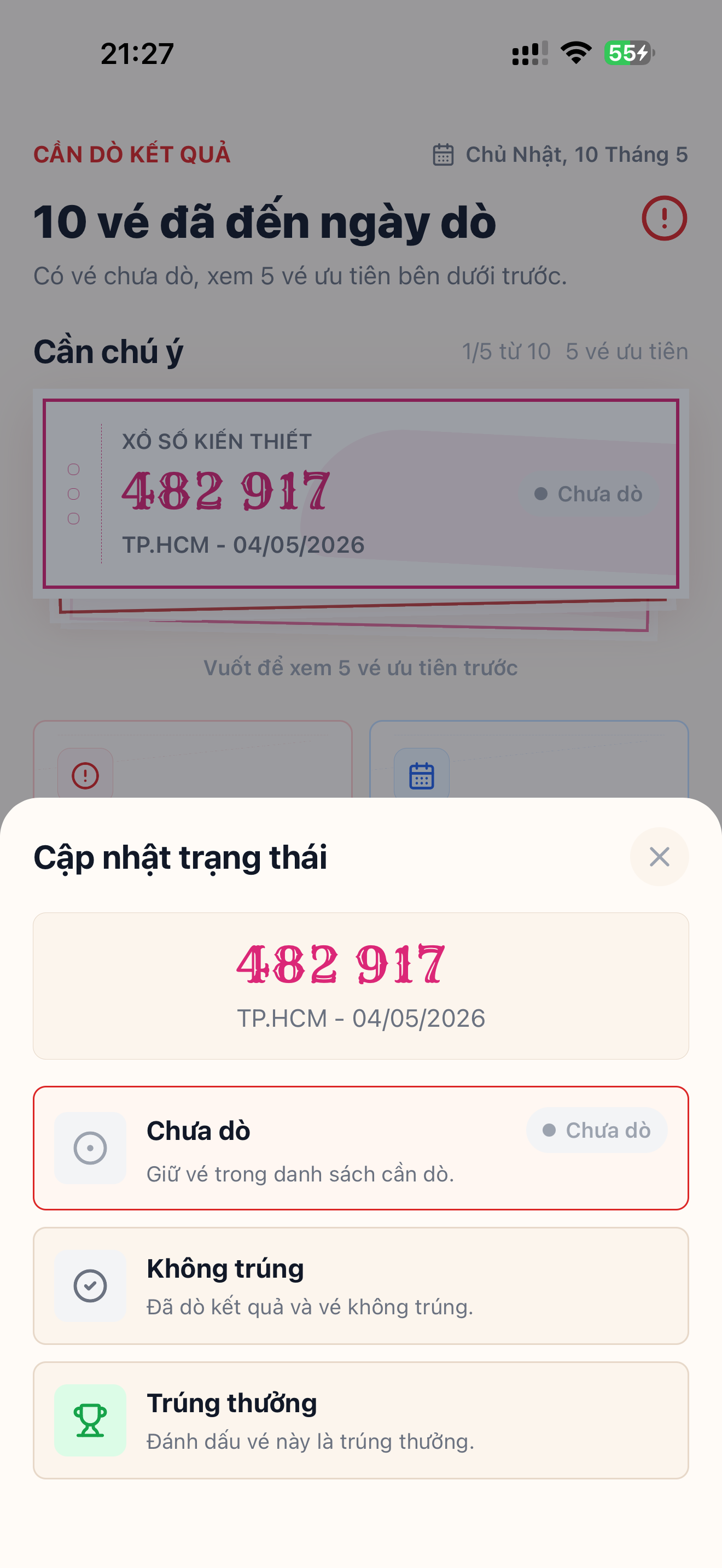 Màn hình cập nhật trạng thái vé số trong VESO